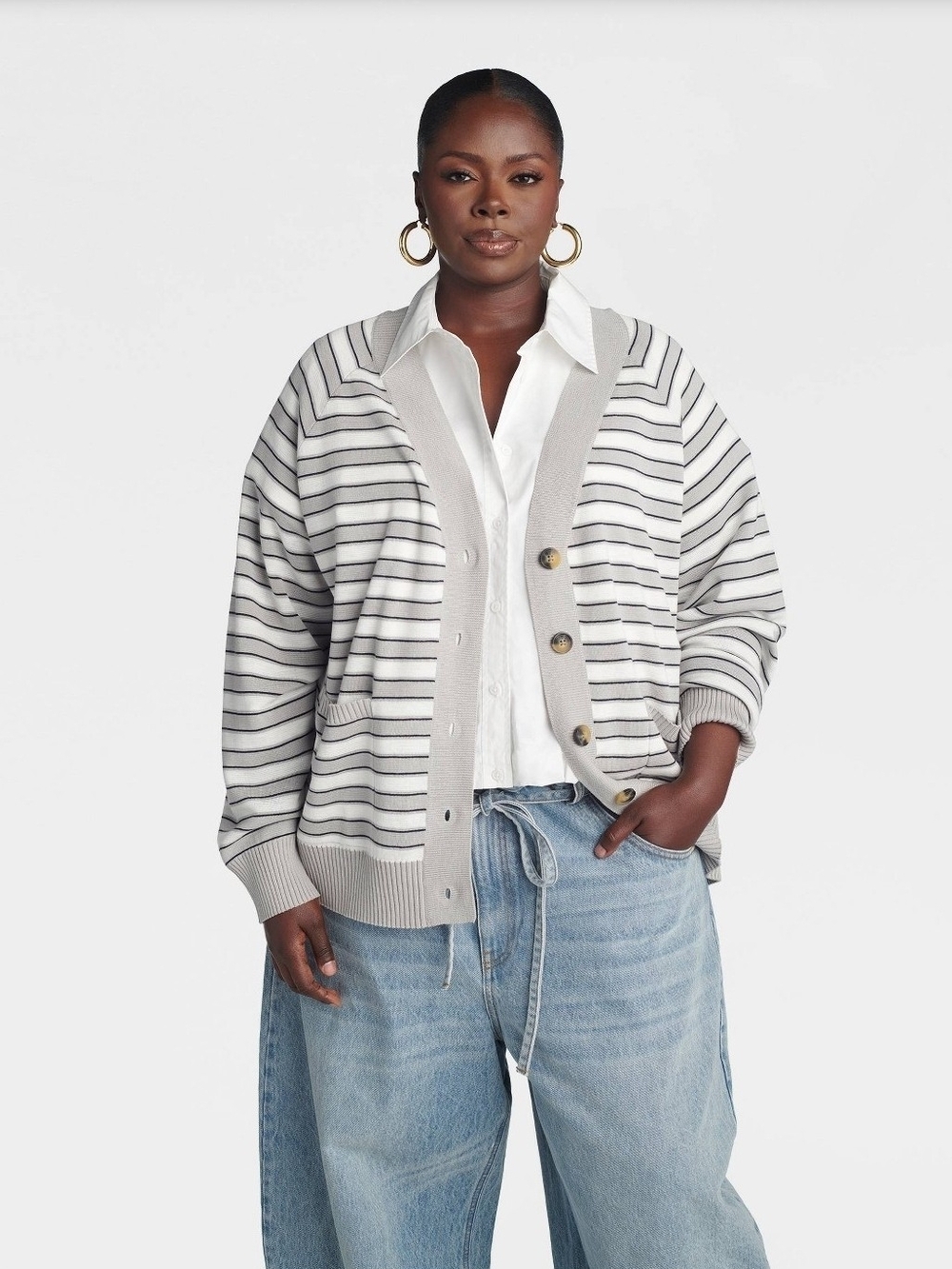 KBB by KAHLANA Women 'The Grandpa Cardi Sweater' - Gray Striped XXL